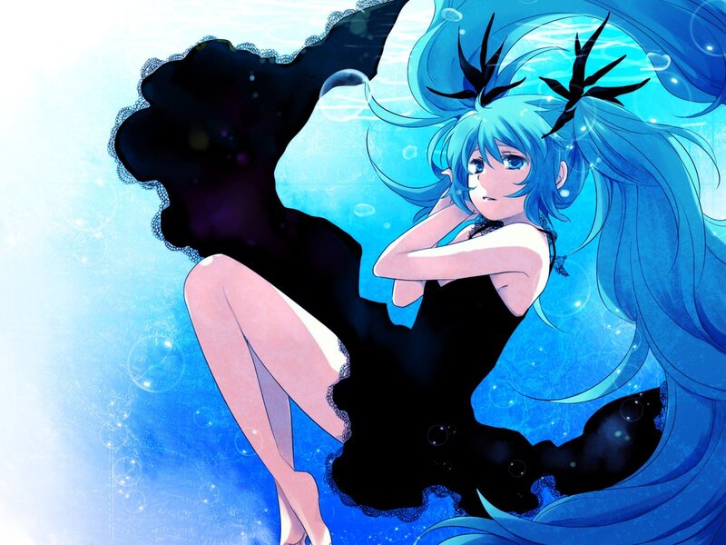 Blue-haired Girl Underwater — Blue, Serene, Anime, Bubbles, Black Dress
