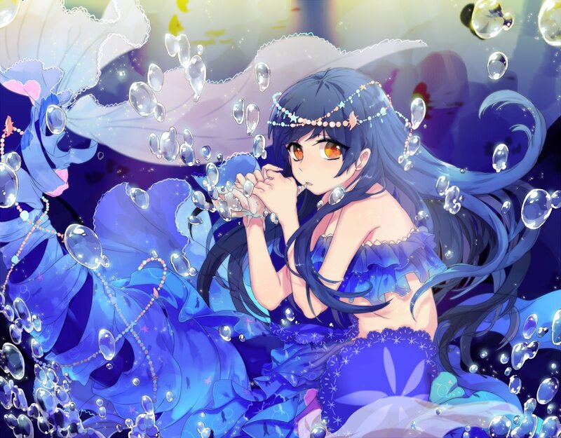 Blue-haired Girl Underwater — Blue, Serene, Anime, Bubbles, Dress, Flowers