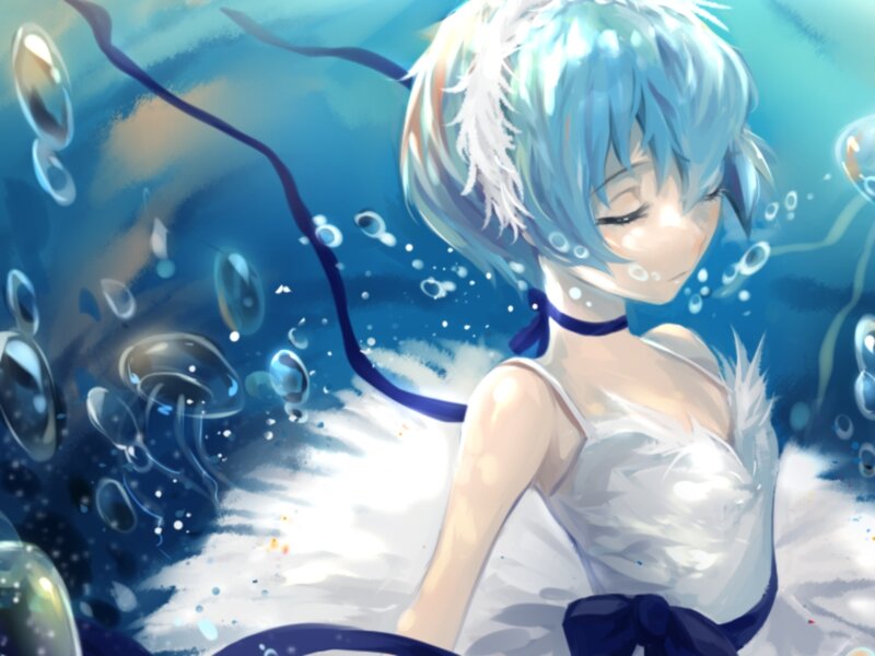 Blue-haired Girl Underwater — Blue, Serene, Anime, Bubbles, Dress, Ribbon
