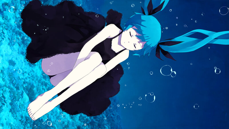 Blue-haired Girl Underwater — Blue, Serene, Anime, Bubbles, Dress