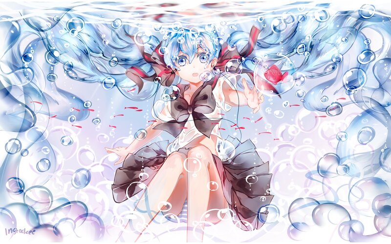 Blue-haired Girl Underwater — Blue, Serene, Anime, Bubbles, Fish