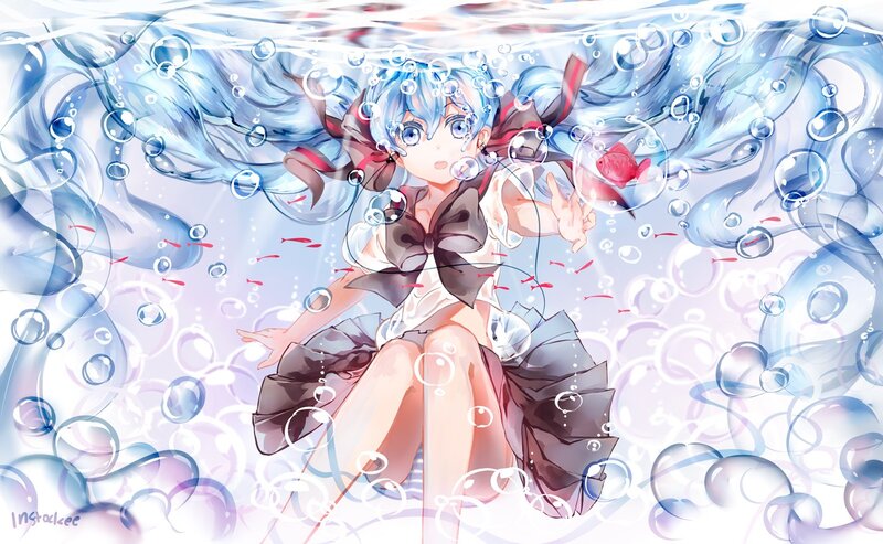 Blue-haired Girl Underwater — Blue, Serene, Anime, Bubbles, Goldfish, Ribbon