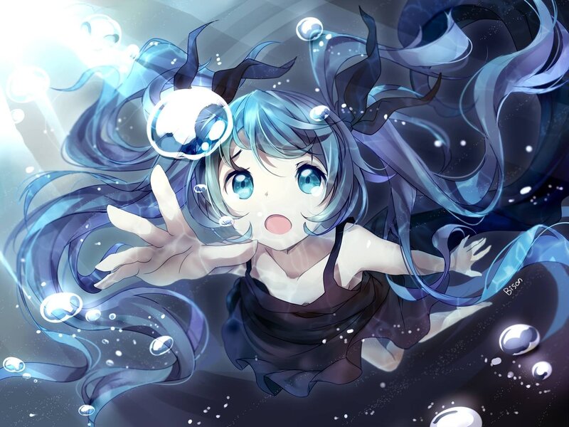 Blue-haired Girl Underwater — Blue, Serene, Anime, Bubbles, Hair, Dress