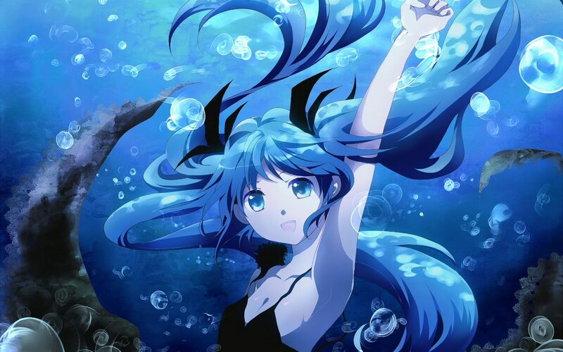Blue-haired Girl Underwater — Blue, Serene, Anime, Bubbles, Hair