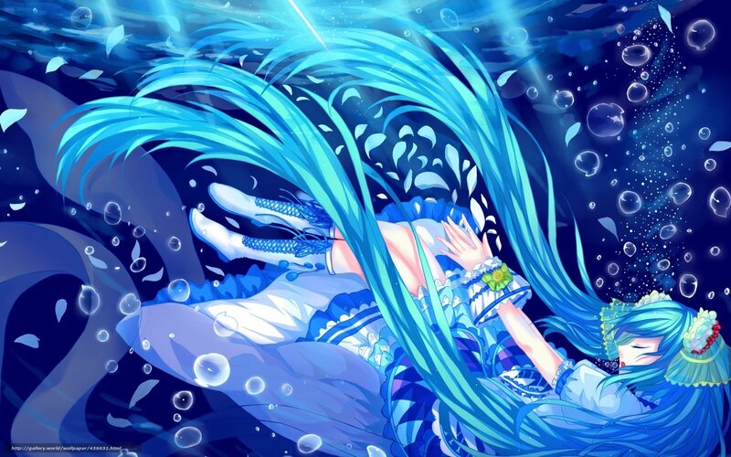 Blue-haired Girl Underwater — Blue, Serene, Anime, Bubbles, Long Hair