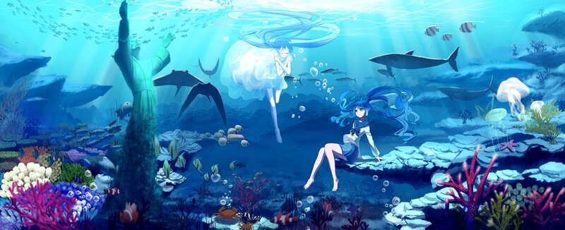 Blue-haired Girl Underwater — Blue, Serene, Anime, Coral Reef