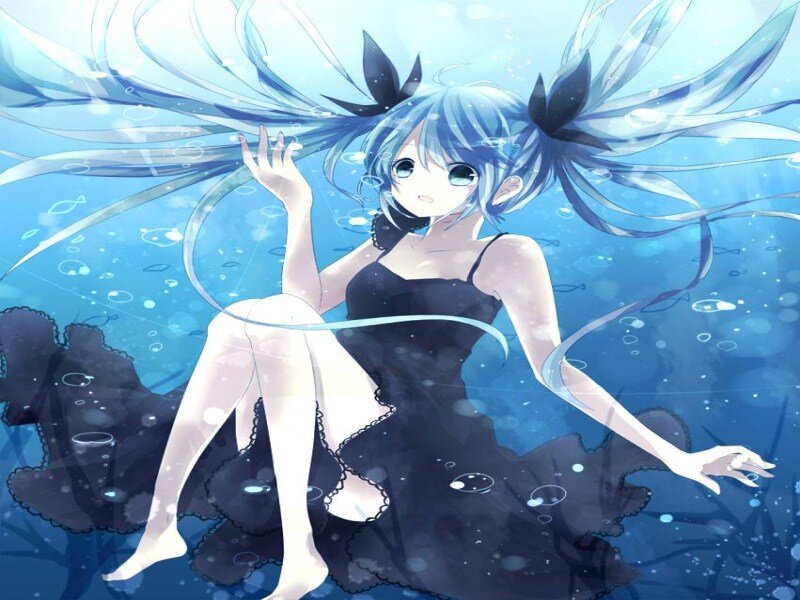 Blue-haired Girl Underwater — Blue, Serene, Anime, Dress, Bubbles