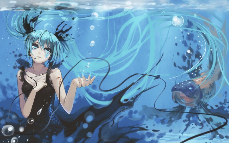 Blue-haired Girl Underwater — Blue, Serene, Anime, Fish, Bubbles, Black Ink