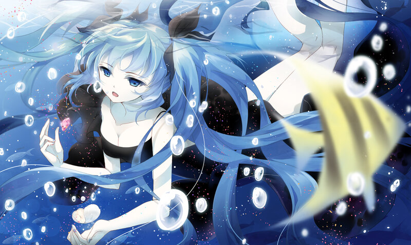Blue-haired Girl Underwater — Blue, Serene, Anime, Fish, Bubbles