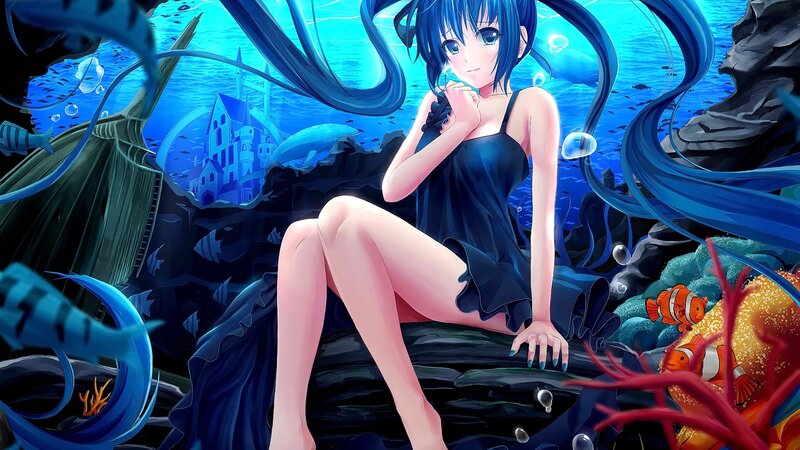Blue-haired Girl Underwater — Blue, Serene, Anime, Fish, Coral, Castle