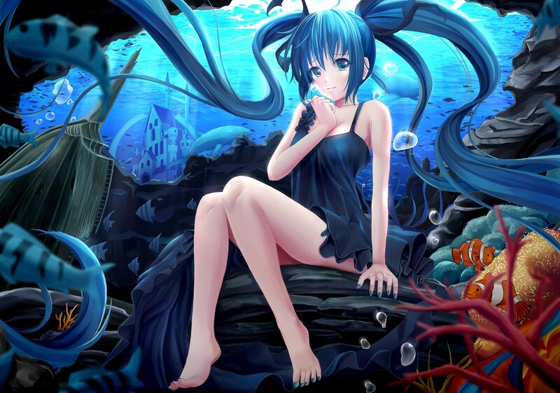 Blue-haired Girl Underwater — Blue, Serene, Anime, Fish, Coral