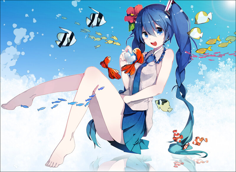 Blue-haired Girl Underwater — Blue, Serene, Anime, Fish, Flowers