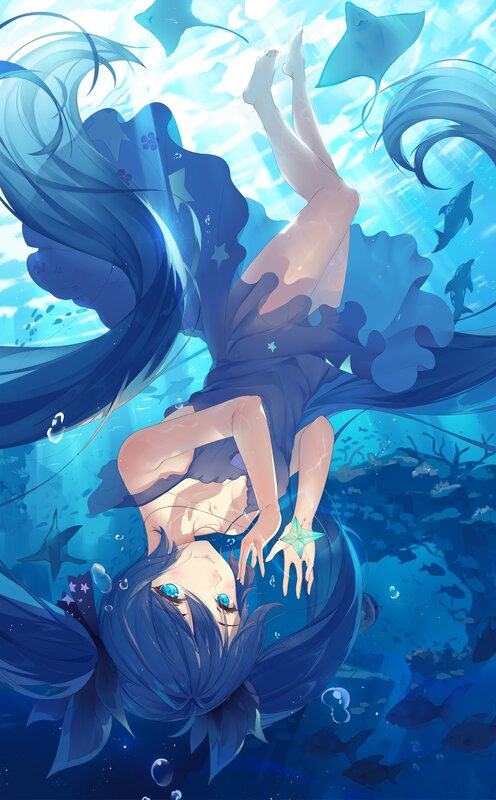 Blue-haired Girl Underwater — Blue, Serene, Anime, Fish, Rays