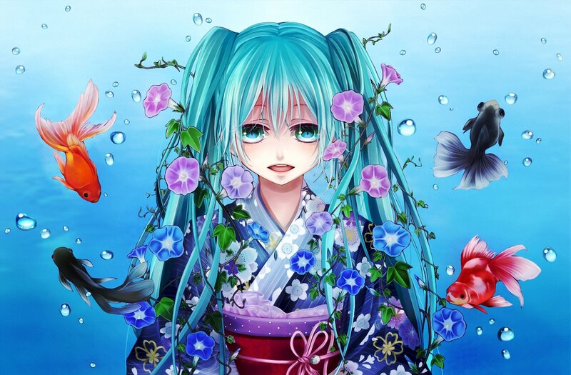 Blue-haired Girl Underwater — Blue, Serene, Anime, Goldfish, Flowers