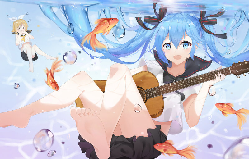 Blue-haired Girl Underwater — Blue, Serene, Anime, Goldfish, Guitar