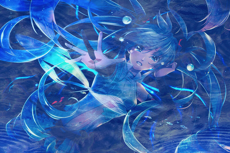 Blue-haired Girl Underwater — Blue, Serene, Anime