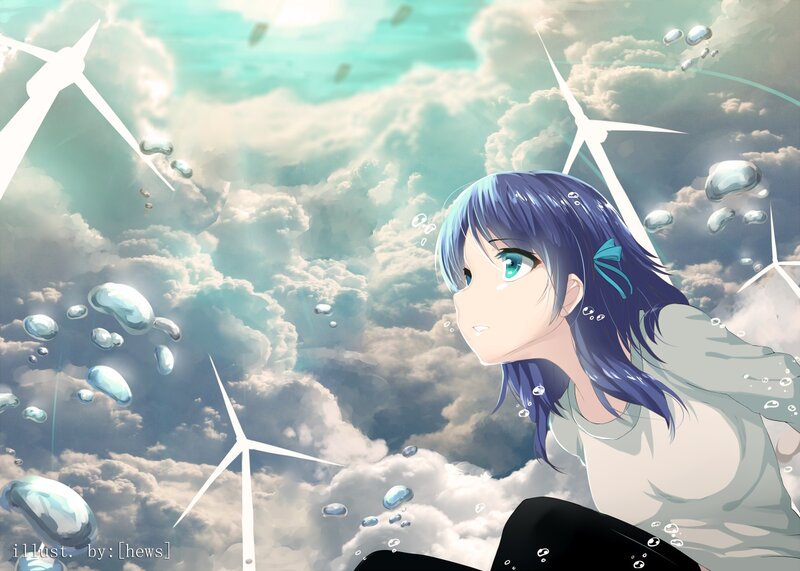 Blue-haired Girl Underwater — Blue, Serene, Anime, Wind Turbines