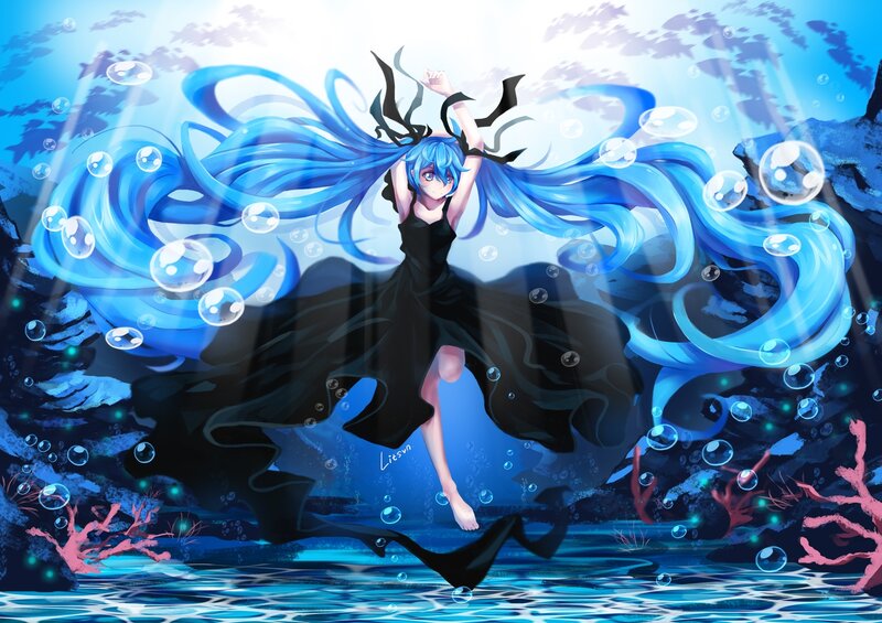 Blue-haired Girl Underwater — Blue, Serene, Digital Art, Bubbles, Coral