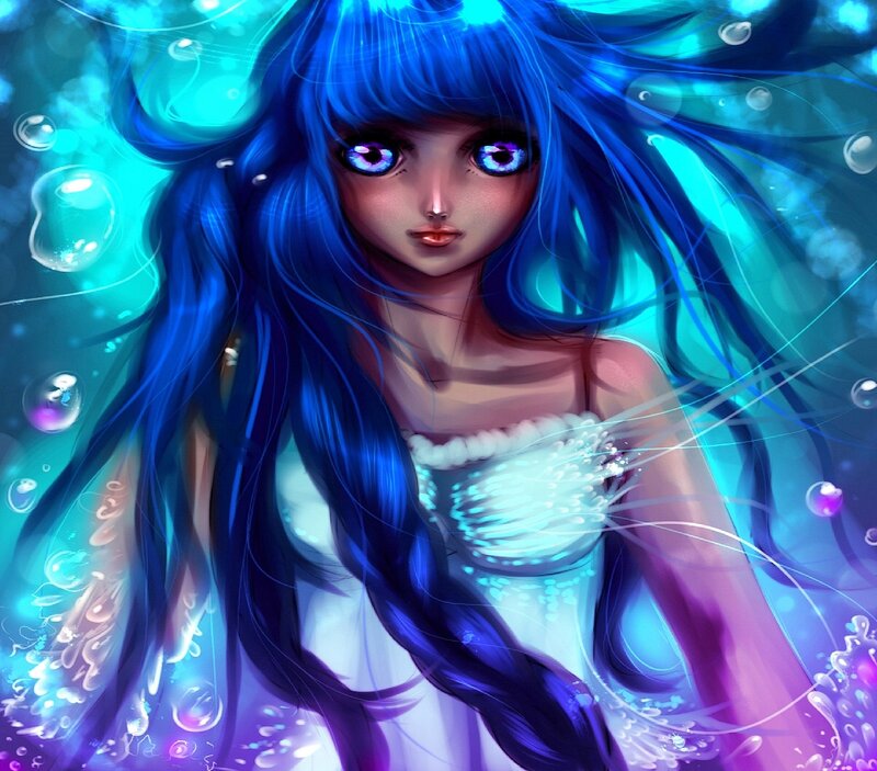 Blue-haired Girl Underwater — Blue, Serene, Digital Art, Bubbles, Dress