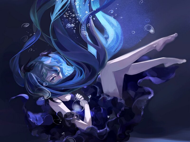 Blue-haired Girl Underwater — Blue, Serene, Digital Art, Bubbles, Hair