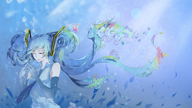 Blue-haired Girl Underwater — Blue, Serene, Digital Art, Butterflies