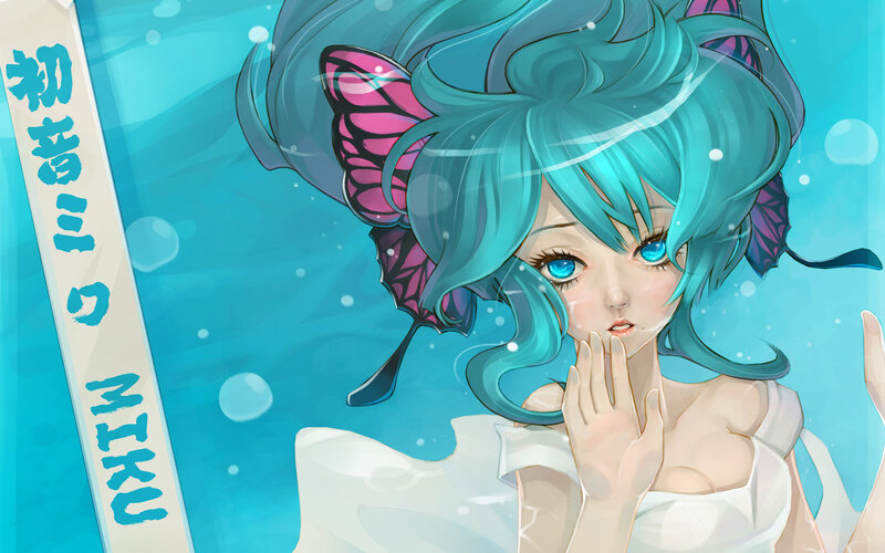 Blue-haired Girl Underwater — Blue, Serene, Digital Art, Butterfly Wings
