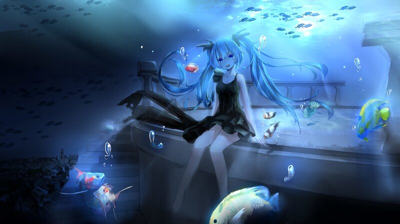 Blue-haired Girl Underwater — Blue, Serene, Digital Art, Fish, Aquarium