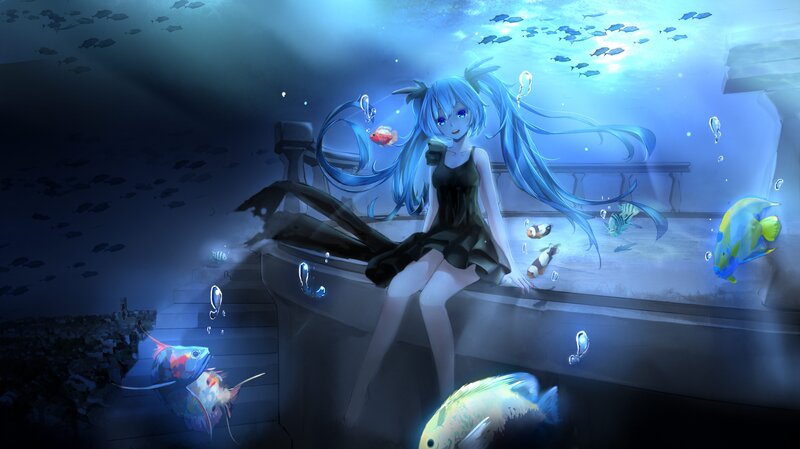 Blue-haired Girl Underwater — Blue, Serene, Digital Art, Fish, Bubbles, Aquarium