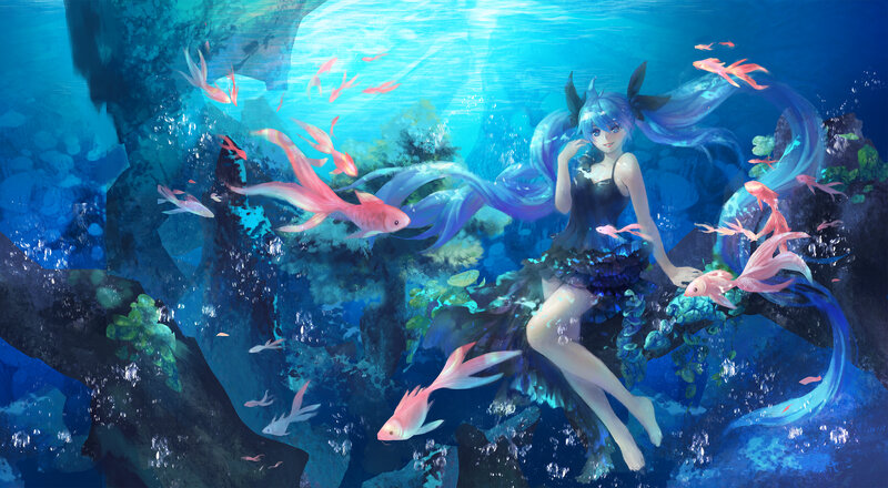 Blue-haired Girl Underwater — Blue, Serene, Digital Art, Fish, Bubbles, Coral