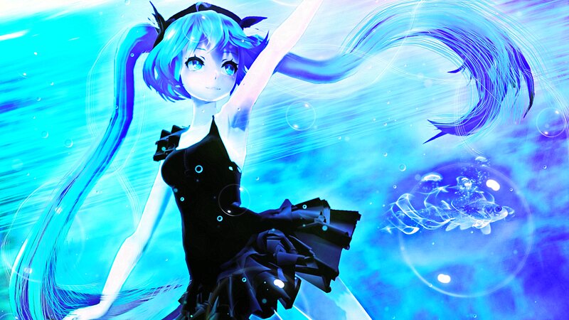 Blue-haired Girl Underwater — Blue, Serene, Digital Art, Fish, Bubbles, Dress