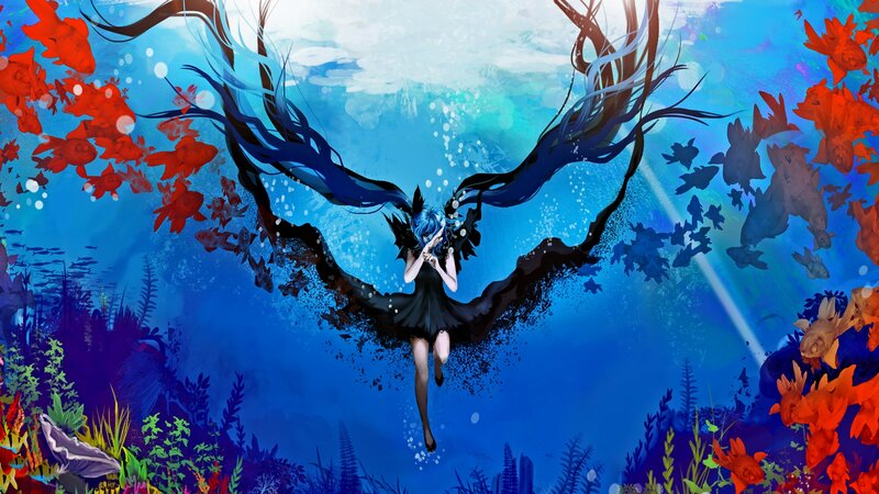 Blue-haired Girl Underwater — Blue, Serene, Digital Art, Fish, Coral, Bubbles