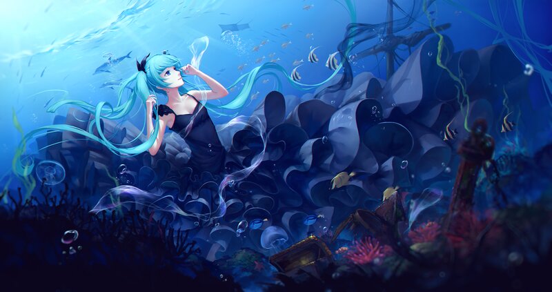 Blue-haired Girl Underwater — Blue, Serene, Digital Art, Fish, Coral, Shipwreck