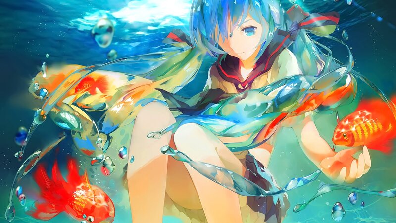 Blue-haired Girl Underwater — Blue, Serene, Digital Art, Goldfish, Bubbles