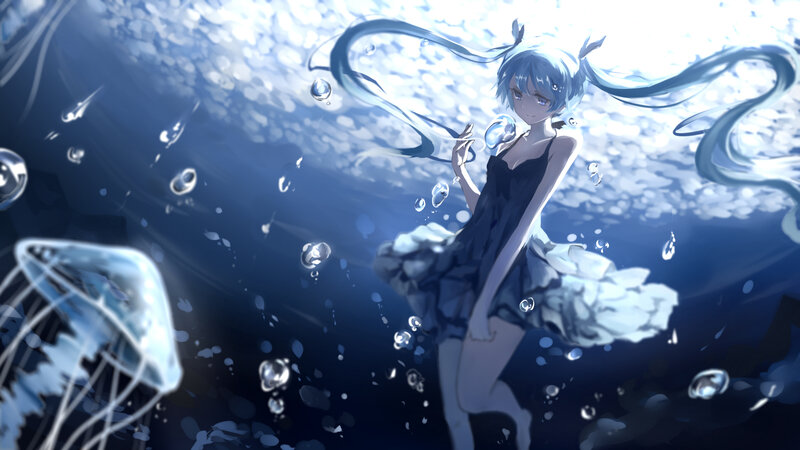Blue-haired Girl Underwater — Blue, Serene, Digital Art, Jellyfish