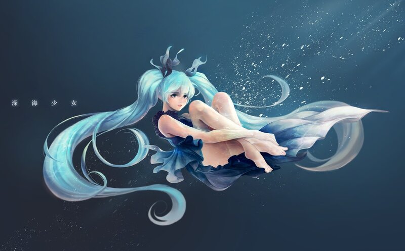 Blue-haired Girl Underwater — Blue, Serene, Digital Art, Long Hair