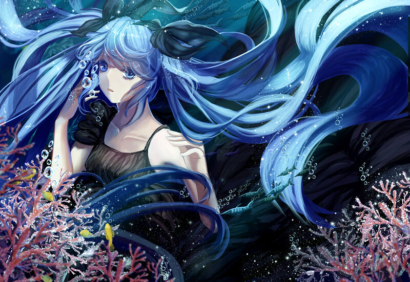Blue-haired Girl Underwater — Blue, Serene, Night, Anime, Coral
