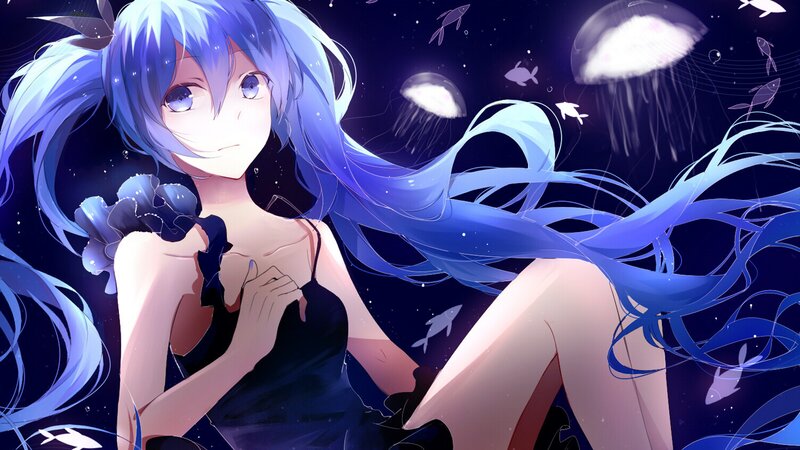 Blue-haired Girl Underwater — Blue, Serene, Night, Anime, Jellyfish, Fish