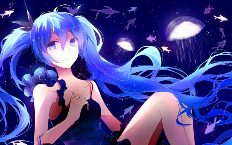 Blue-haired Girl Underwater — Blue, Serene, Night, Anime, Jellyfish