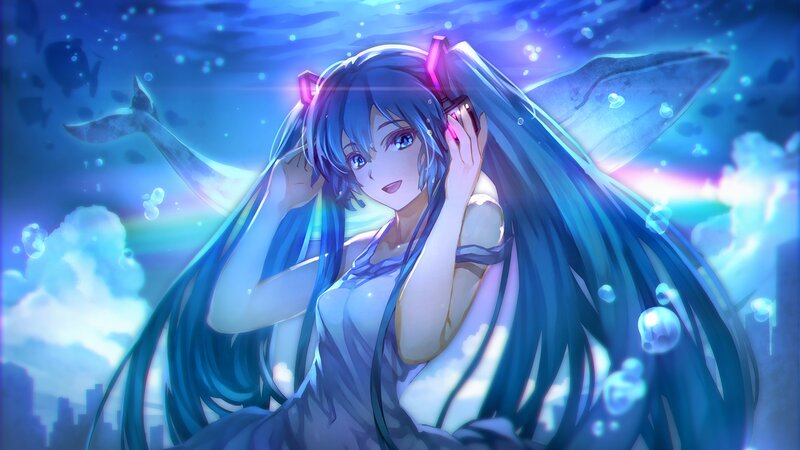 Blue-haired Girl Underwater — Blue, Serene, Night, Digital Art, Whale