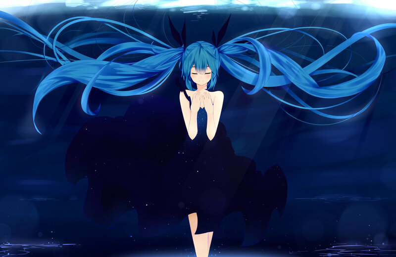 Blue-haired Girl Underwater — Blue, Serene, Night