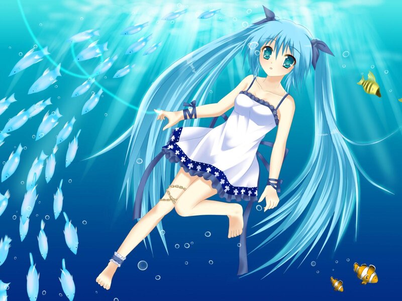 Blue-haired Girl Underwater — Blue, Serene