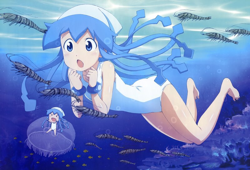 Blue-haired girl underwater with shrimp