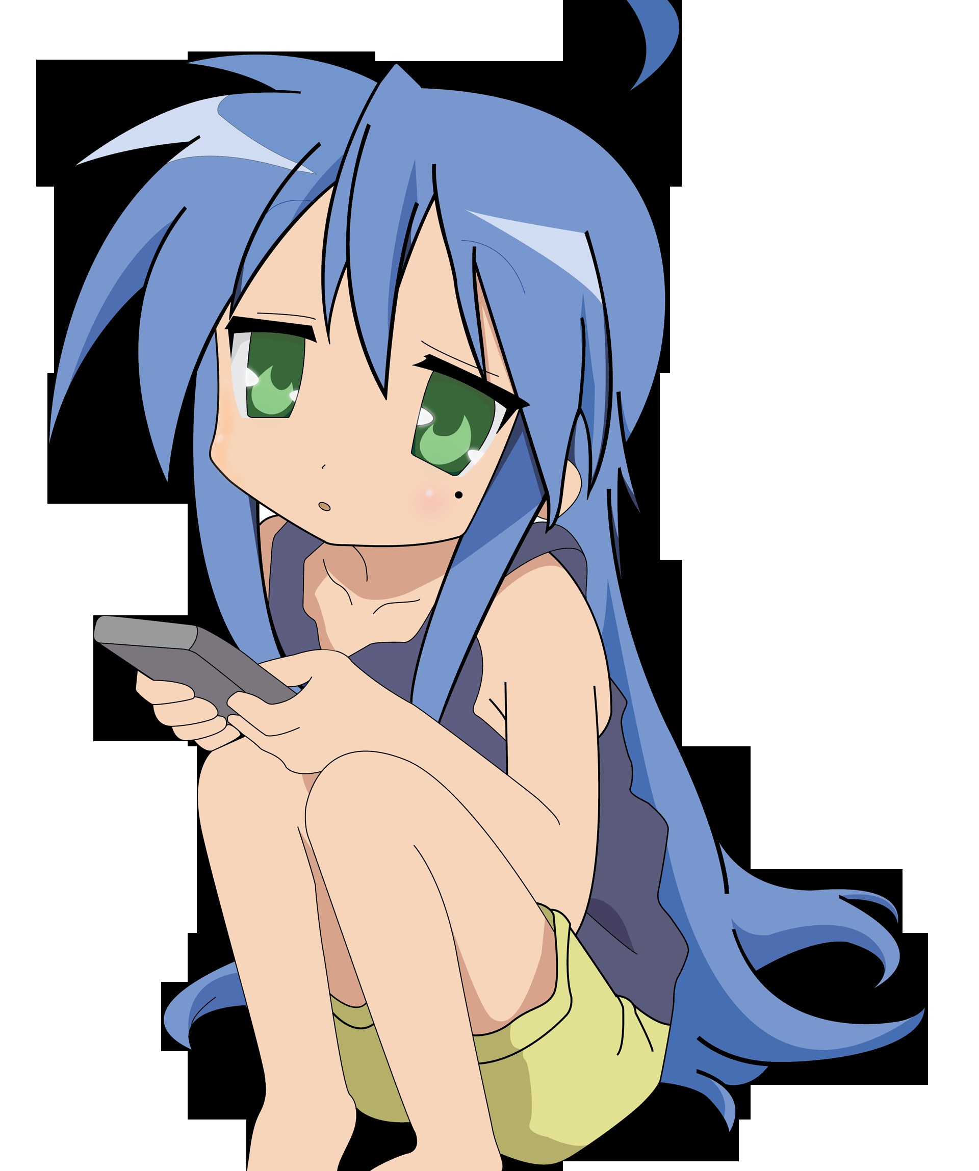 blue-haired girl using phone