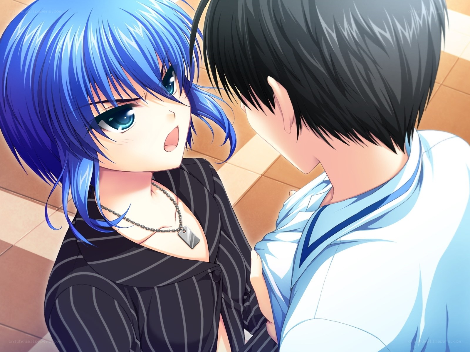 Blue-haired girl with a boy