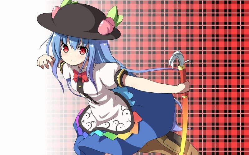 blue-haired girl with a hat