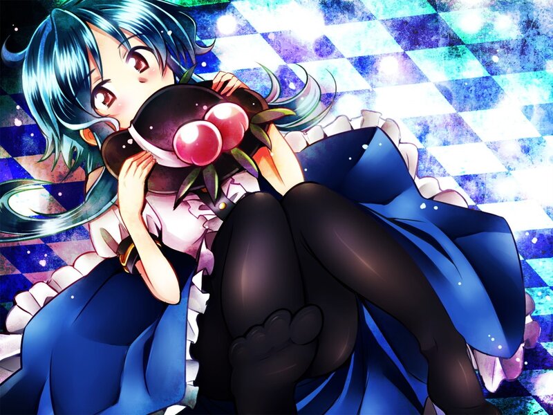 Blue-haired girl with a plush toy