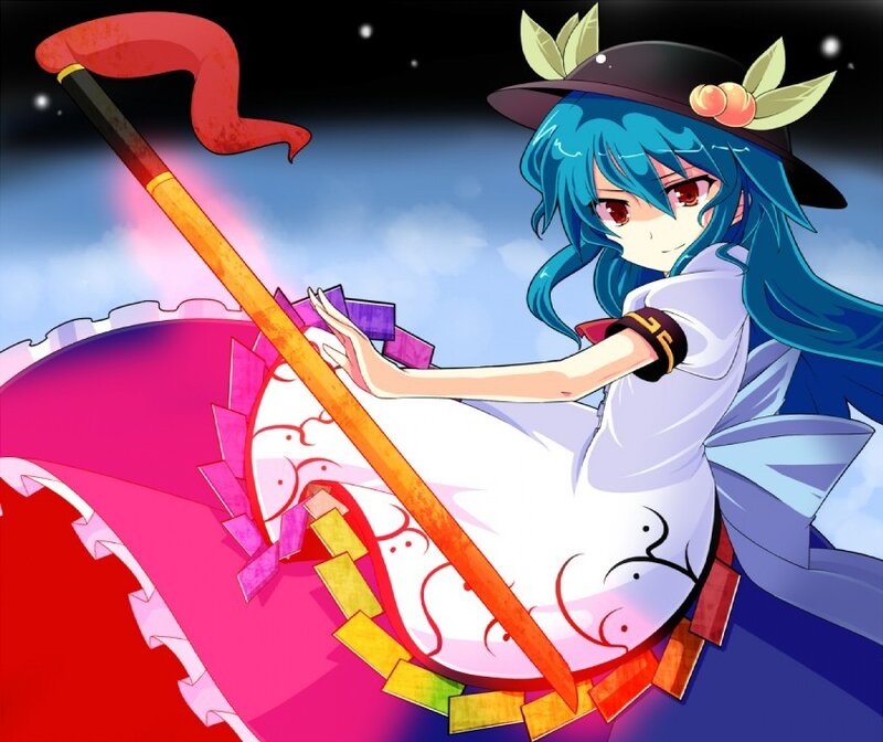 blue-haired girl with a staff
