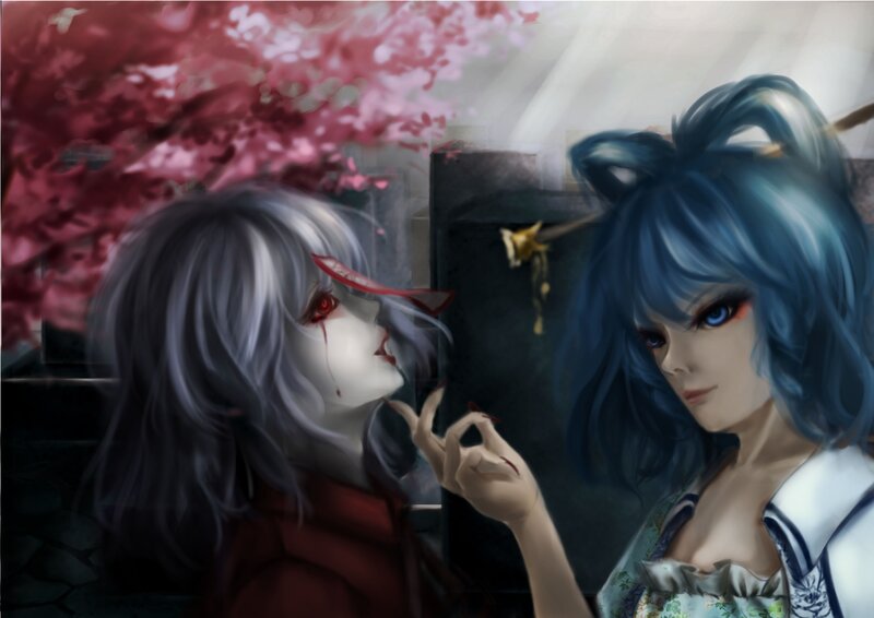Blue-haired girl with a wounded companion