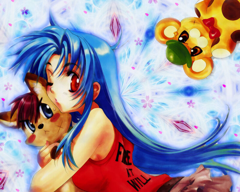 Blue-haired girl with animal friends