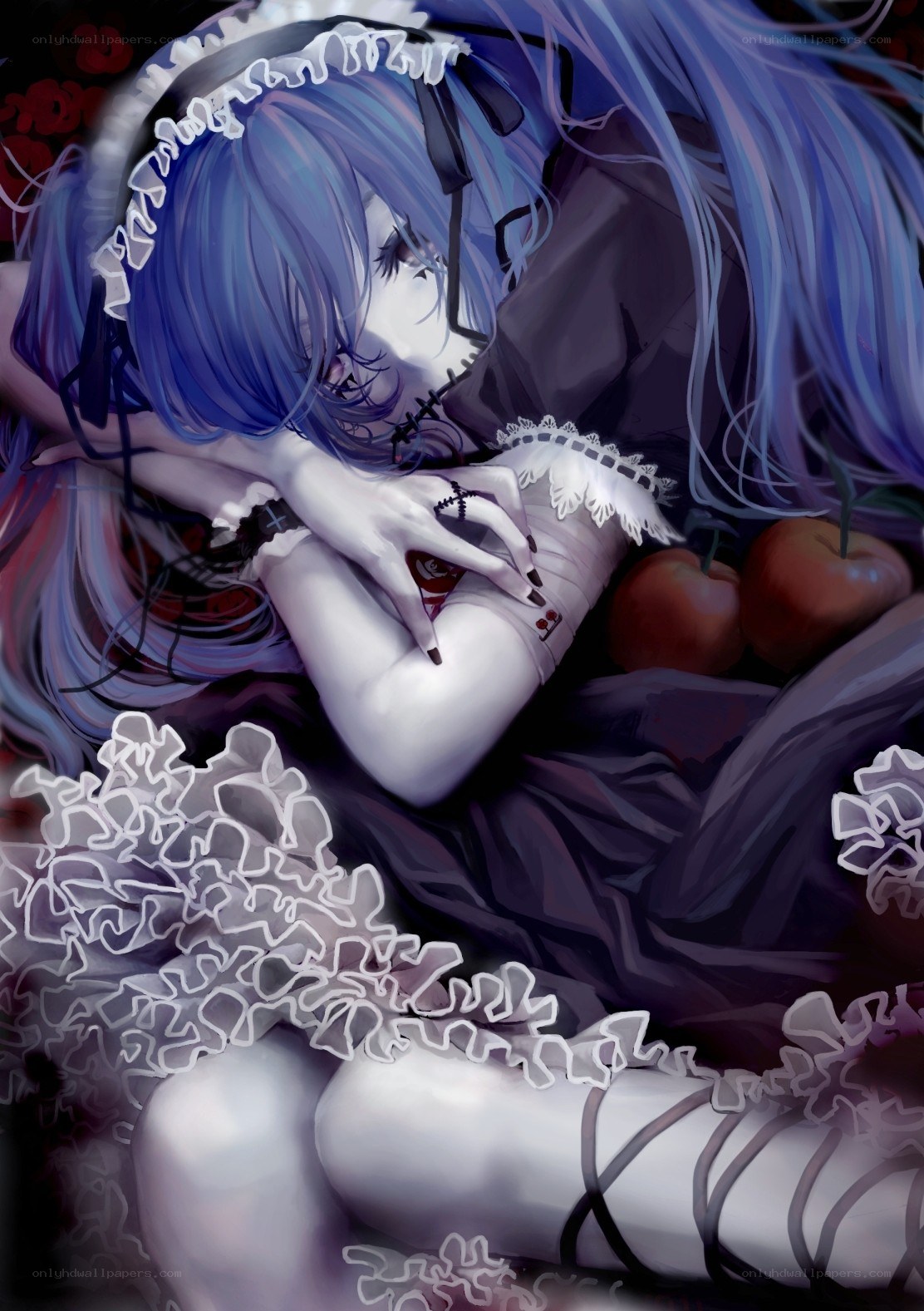 Blue-haired girl with apples